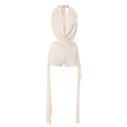 Weird Puss Elegant Women 2 Piece Set Halter Swing Collar Backless Sexy Tank Tops+Side Tassel Shorts Matching Clubwear Outfits
