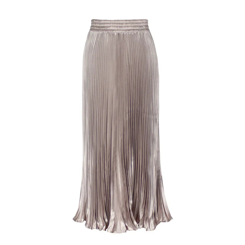 Women's Fashion Pleated Mermaid Long Skirt Korean Style Casual High Waist Satin Flowy Skirts Shiny 19 Colors 2024 Spring SK500