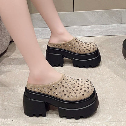 10CM New Rivet Platform Women Slippers Fashion Chunky High Heeled Sandals Comfort Roma Style Round Toe Slide Mule Shoes Summer