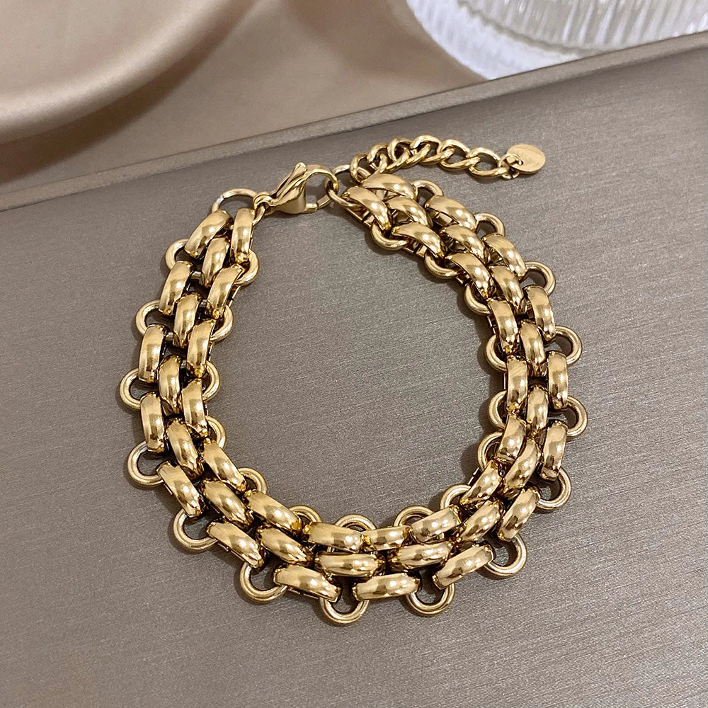 Trendy Stainless Steel Chunky Thick Chain Bracelet for Women Punk Statement Glossy Multilayer Link Bracelets Wristband Jewelry