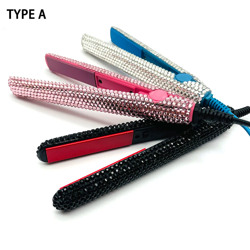 Mini Hair Straightener and Curler With Diamonds 2 in 1 Portable Mini Bangs Flat Iron Tourmaline Plate Flat Iron For Short Hair