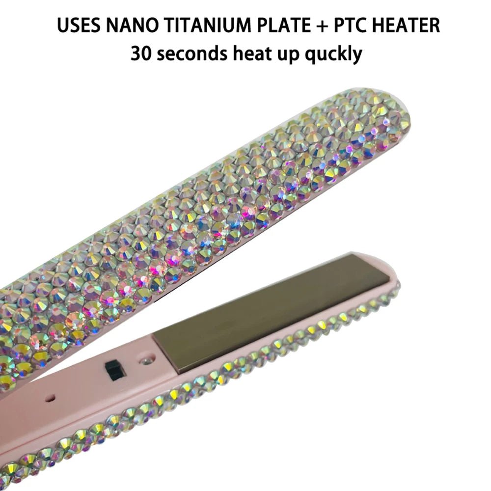Mini Hair Straightener and Curler With Diamonds 2 in 1 Portable Mini Bangs Flat Iron Tourmaline Plate Flat Iron For Short Hair