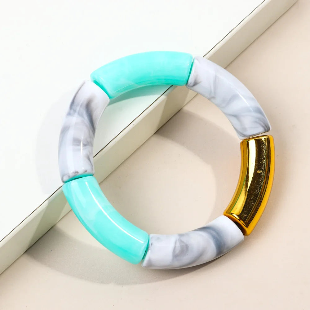 FishSheep Trendy Acrylic Stacked Bamboo Beads Bangles Bracelets for Women Bohemian Resin Elastic Beaded Bracelets Set Jewelry