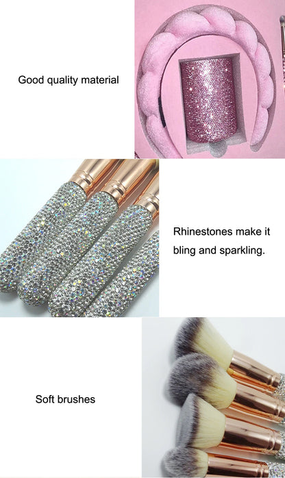 Glitz and Glam Brush Set 23pcs Bundle RHINESTONE Glam Brush Set Bling Makeup Brushes Diamond Makeup Brush Storage Bucket withbox