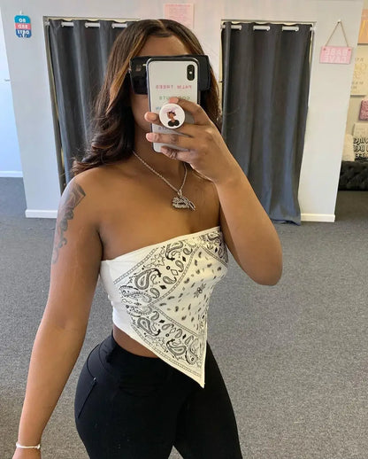 ANJAMANOR Cute Sexy Graphic Bandana Crop Top Women Clothing 2023 Summer Women Off Shoulder Backless Tank Tops D13-AI10