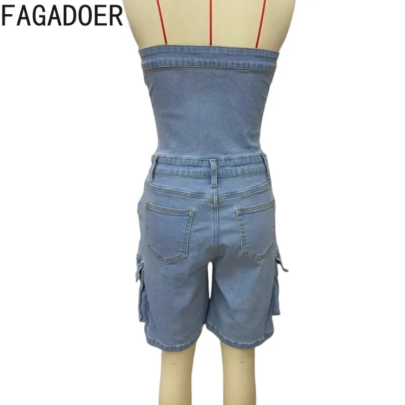 FAGADOER Fashion Cargo Pocket Patchwork Denim Romper Women Button Backless Sleeveless Jumpsuit Female Streetwear Overalls 2025