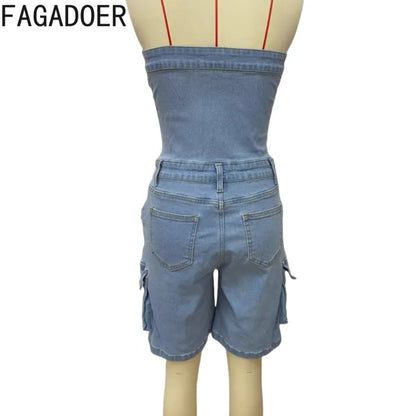 FAGADOER Fashion Cargo Pocket Patchwork Denim Romper Women Button Backless Sleeveless Jumpsuit Female Streetwear Overalls 2025