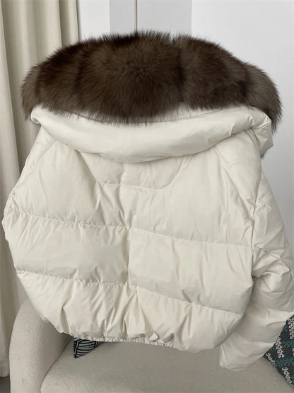 OFTBUY 2025 Big Natural Real Fox Fur Coat Women Autumn Winter Female 90% White Duck Down Jacket Feather Short  Coat Thick Warm
