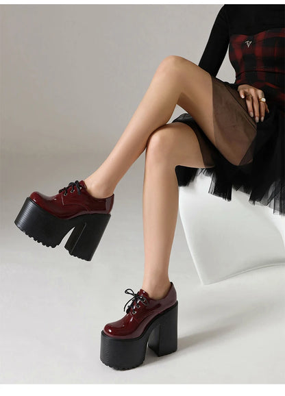 Ultra High Waterproof Platform Shiny Patent Leather Lace Up Women's Pumps Breathable Lining Thick Heels Punk Trendy High Heels