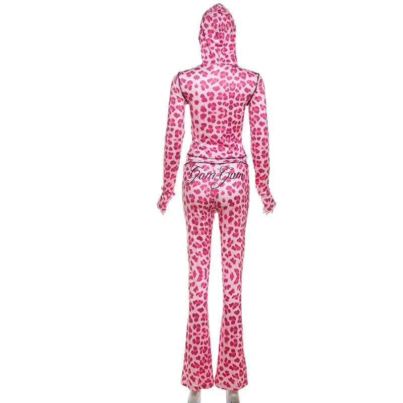 FAGADOER Sexy Leopard Print 2 Piece Sets Women Outfit Long Sleeve Zipper Hooded Crop Jacket + Flare Pants Suits Female Clothing
