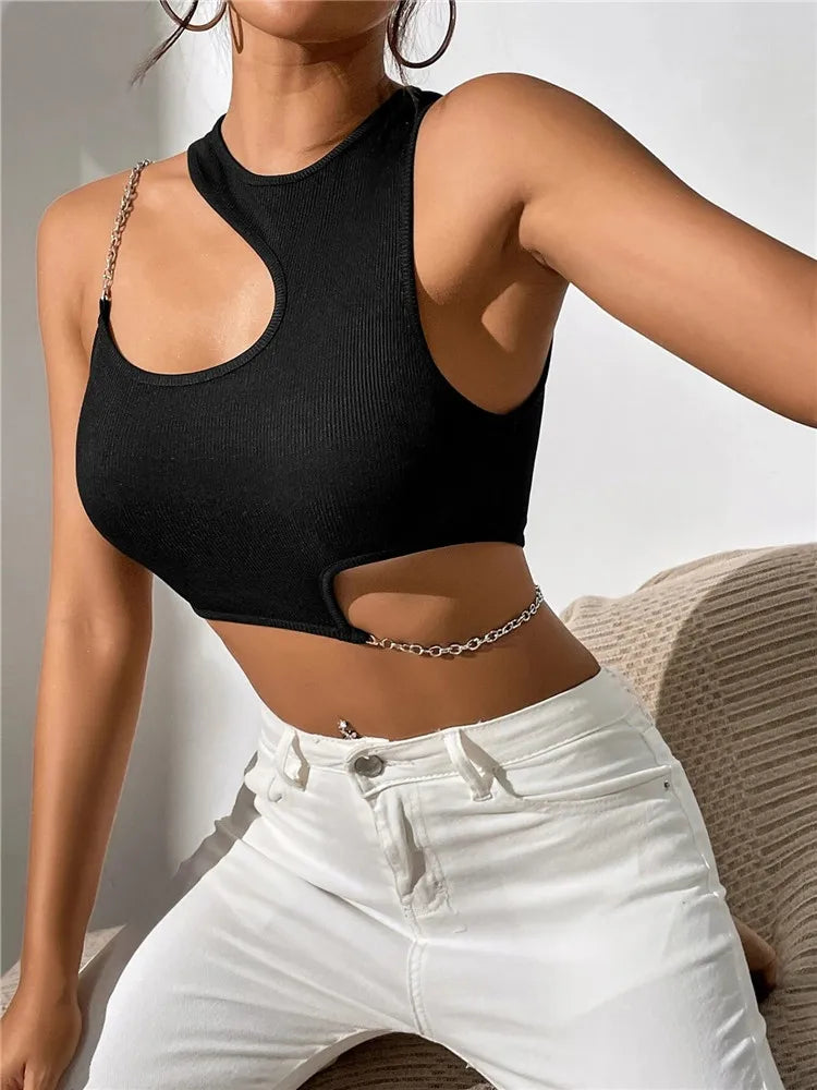 High Street Grunge Chain Cut Out Crop Top Women Summer Y2K Clothes Solid Black Asymmetrical Neck Sleeveless Tank Top Streetwear