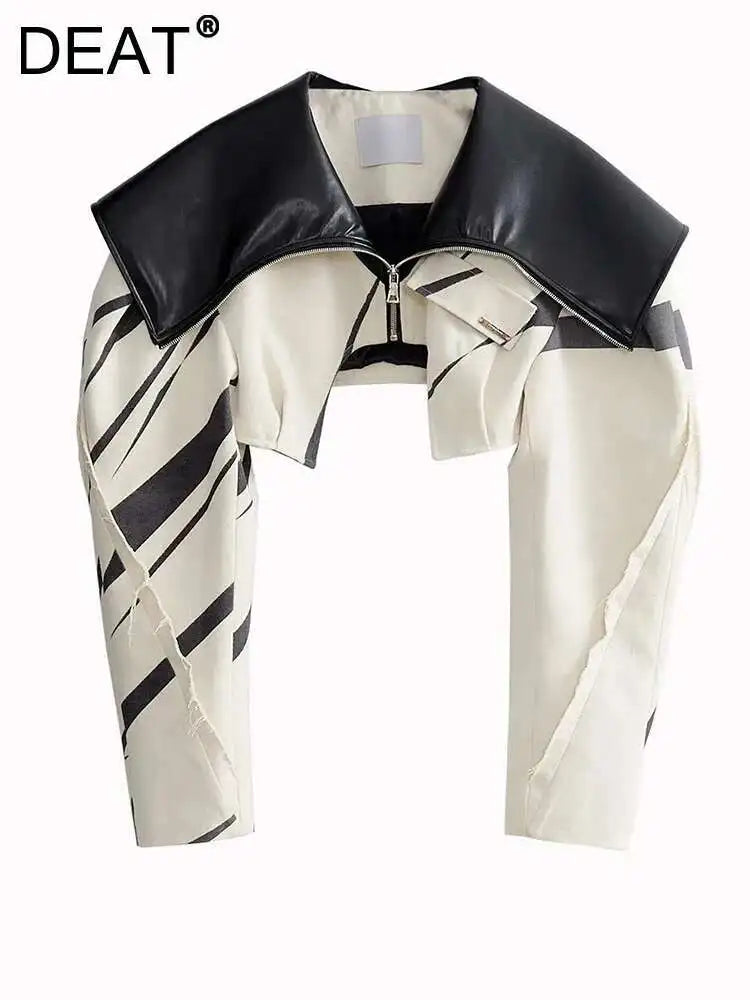 DEAT Fashion Women's Spliced Edge Contrasting Short Jackets Big Lapel Zipper Long Sleeve Short Coat Autumn 2025 New 1DF6153