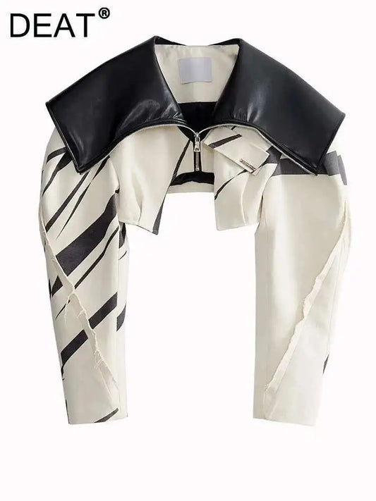 DEAT Fashion Women's Spliced Edge Contrasting Short Jackets Big Lapel Zipper Long Sleeve Short Coat Autumn 2025 New 1DF6153
