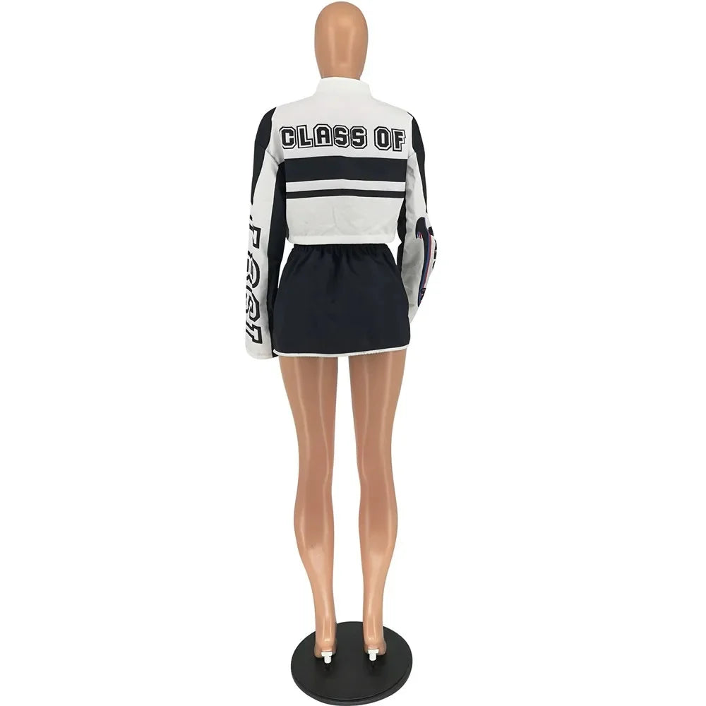 HLJ Letter Print Two Piece Outfits 2023 Autumn Winter Casual Sporty Baseball Coat Skirts Suits Detachable Buttons Y2k Streetwear
