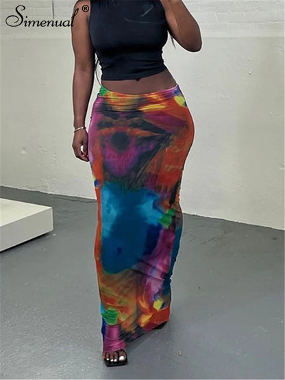 Simenual Harajuku Aesthetics Multi Printed High Waist Long Skirts Women Cyber Y2K Package Hip Skirt Chic Holiday Outfits Slim