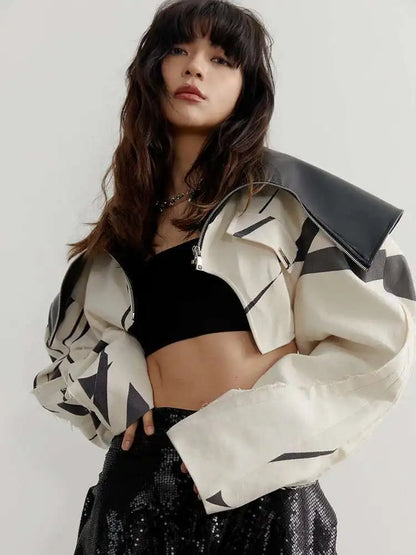 DEAT Fashion Women's Spliced Edge Contrasting Short Jackets Big Lapel Zipper Long Sleeve Short Coat Autumn 2025 New 1DF6153