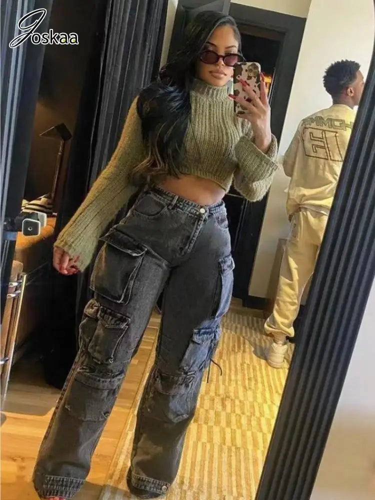 Joskaa Fashion Y2k Pockets Cargo Jeans Women Hipster High Waisted Straight Pants Fall 2023 Casual Denim Trousers Streetwear