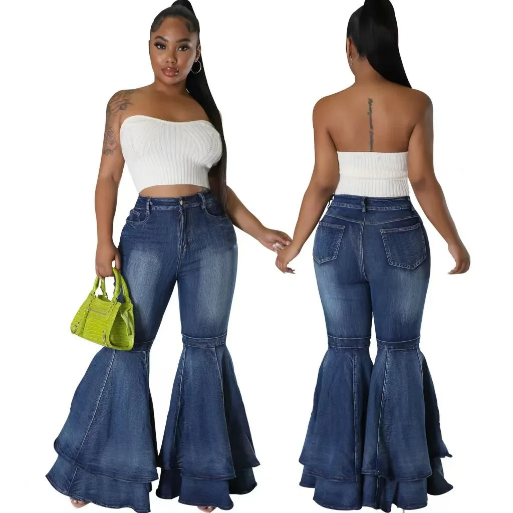 Fashion Versatile Wide Leg Washed Denim Stretch Flared Pants Women