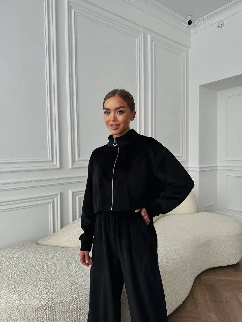 Autumn And Winter Long-sleeved Zipper Lapel Jacket Elastic Waist Wideleg Trousers Velvet Casual Two-Piece Suit For Office Ladies
