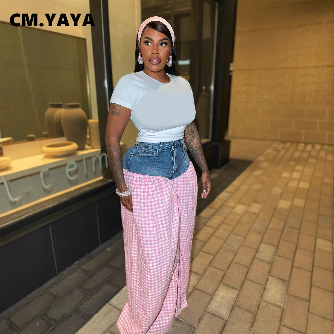 CM.YAYA Fashion Women Plaid Denim Patchwork Loose Wide Leg Jogger Pants 2025 Streetwear Active Hip Hop Sweatpants Trousers
