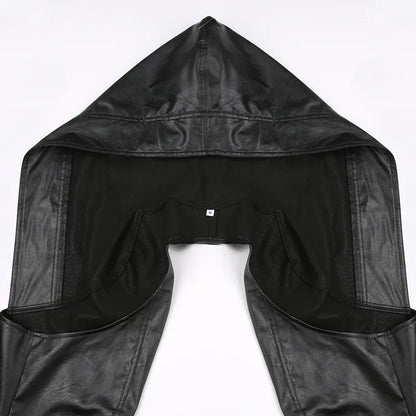 ALLNeon Y2K Rave Faux Pu Leather Hooded Cropped Jackets Tops Baddie Punk Long Sleeve Hoodies Short Coat Women Hot Street Outwear