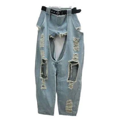 DEAT Fashion Women's Worn-out Hole Belt Denim Pants Splicing Low Waisted Shorts Two-piece Set Female 2024 Autumn New 11A01141