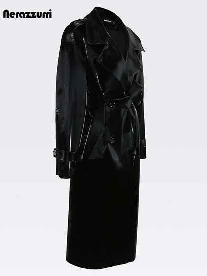 Nerazzurri Autumn Long Cool Black Shiny Glitter Patent Faux Leather Trench Coat for Women Sashes Double Breasted Europe Fashion