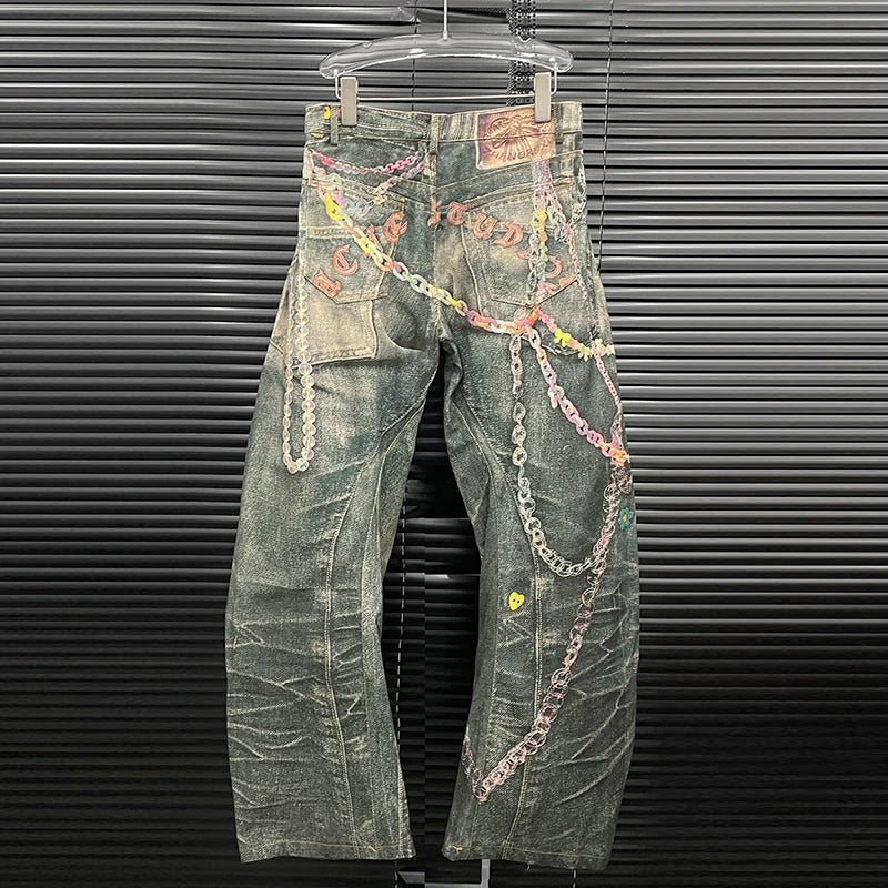 DEAT Fashion Women's 3D Chain Printed Contrast Color Jeans Niche Design High Waist Casual Denim Pants Female Trendy 11A04071