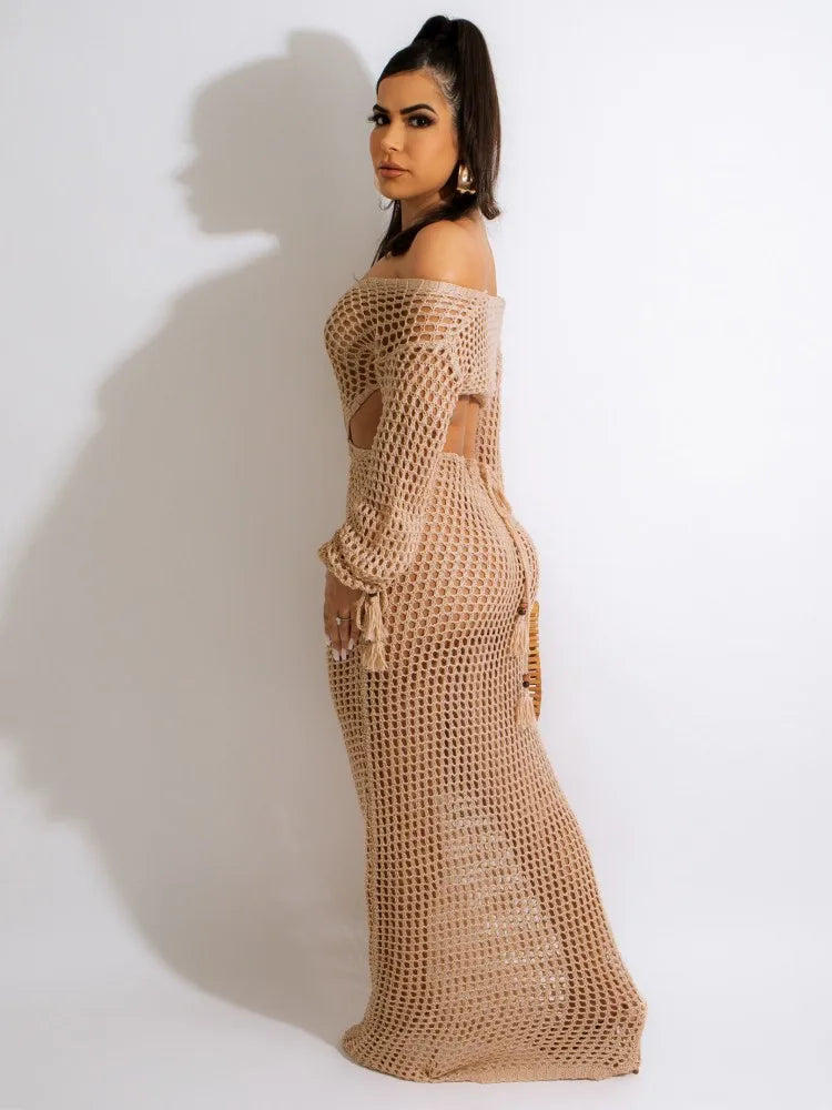 JRRY Sexy Women Crocheted Dresses Tassels Crochet Dress Cover Ups Hollow Out Knitted Beach Swimsuits