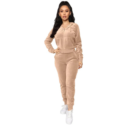Women Pant Sets Comfortable Velvet Matching Sets Two Piece Set Autumn Loose Zipper Hoodie Jacket Elastic Waist Skinny Pants Sets