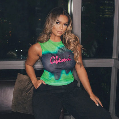 Simenual Fairy Grunge Tie Dye Printed Sleeveless Tank Top Sexy Mesh See Through Crop Tops Women Hot Club Vest Y2K Slim Clothing
