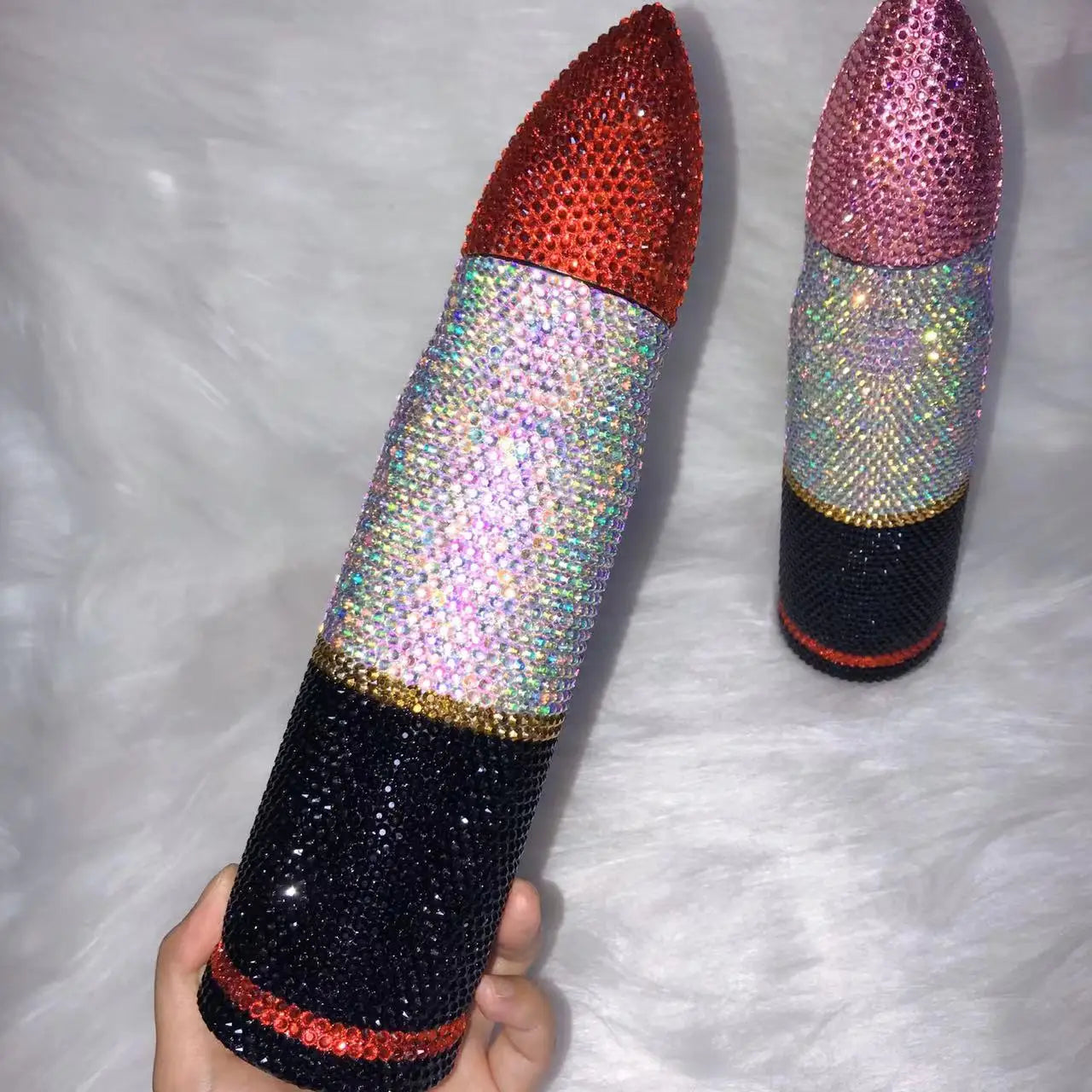 Bling Lipstick Tumbler Customize Name Logo Rhinestone Thermos Cup 17oz Lipstick Shape Stainless Steel Water Bottle Coffee Mugs