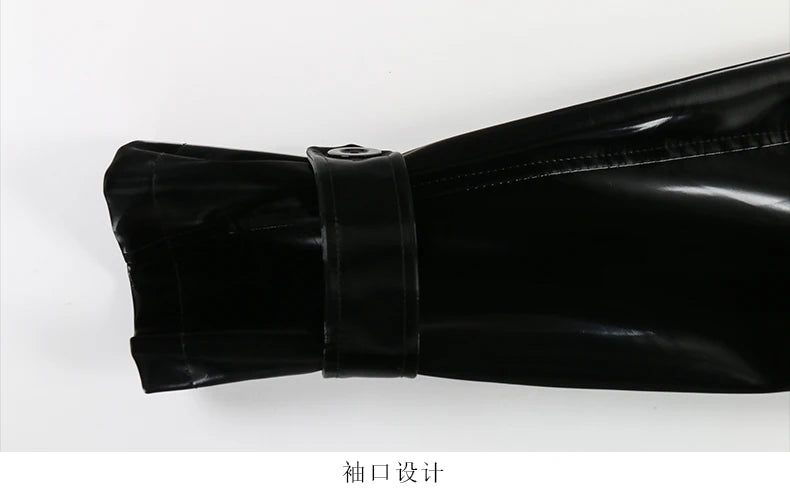 Nerazzurri Autumn Long Cool Black Shiny Glitter Patent Faux Leather Trench Coat for Women Sashes Double Breasted Europe Fashion