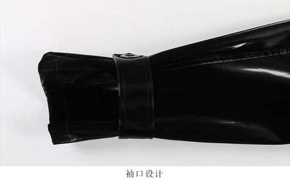 Nerazzurri Autumn Long Cool Black Shiny Glitter Patent Faux Leather Trench Coat for Women Sashes Double Breasted Europe Fashion