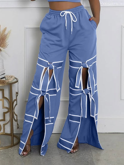 CM.YAYA Fashion Women Striped Patchwork Bowknot Split Wide Leg Jogger Pants 2025 Summer Active Sporty Classic Trousers