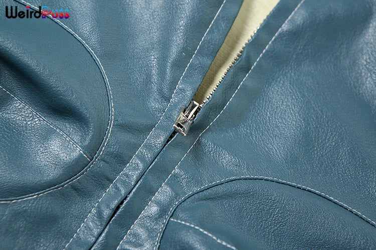 Weird Puss Hipster Patchwork Jacket Women Y2K Faux Leather Irregular Backless Zip Stripe Wild Basic Streetwear Autumn Trend Coat