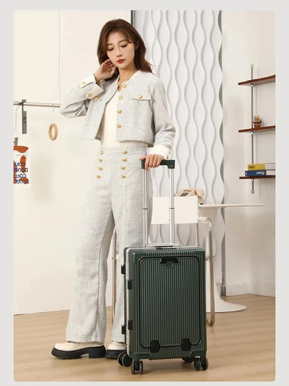 Suitcase Front Opening Pocket Aluminum Alloy Frame Rolling Luggage with USB Charging Plug Trolley Carry-on Case Bag with Wheel