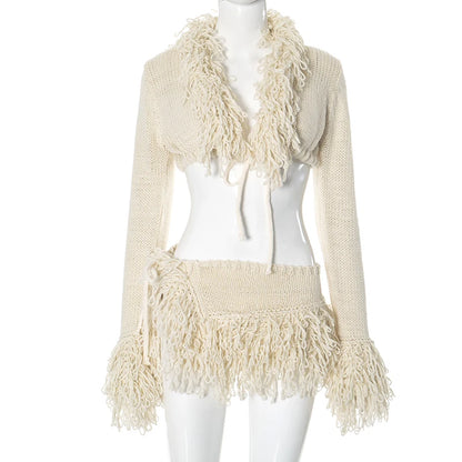 CUTENOVA 2024 New French Knit Sexy Set Tie Cardigan Long Sleeve Navel Top + Fashion Sexy Mini Skirt Set For Y2K Hottie Girl Wear