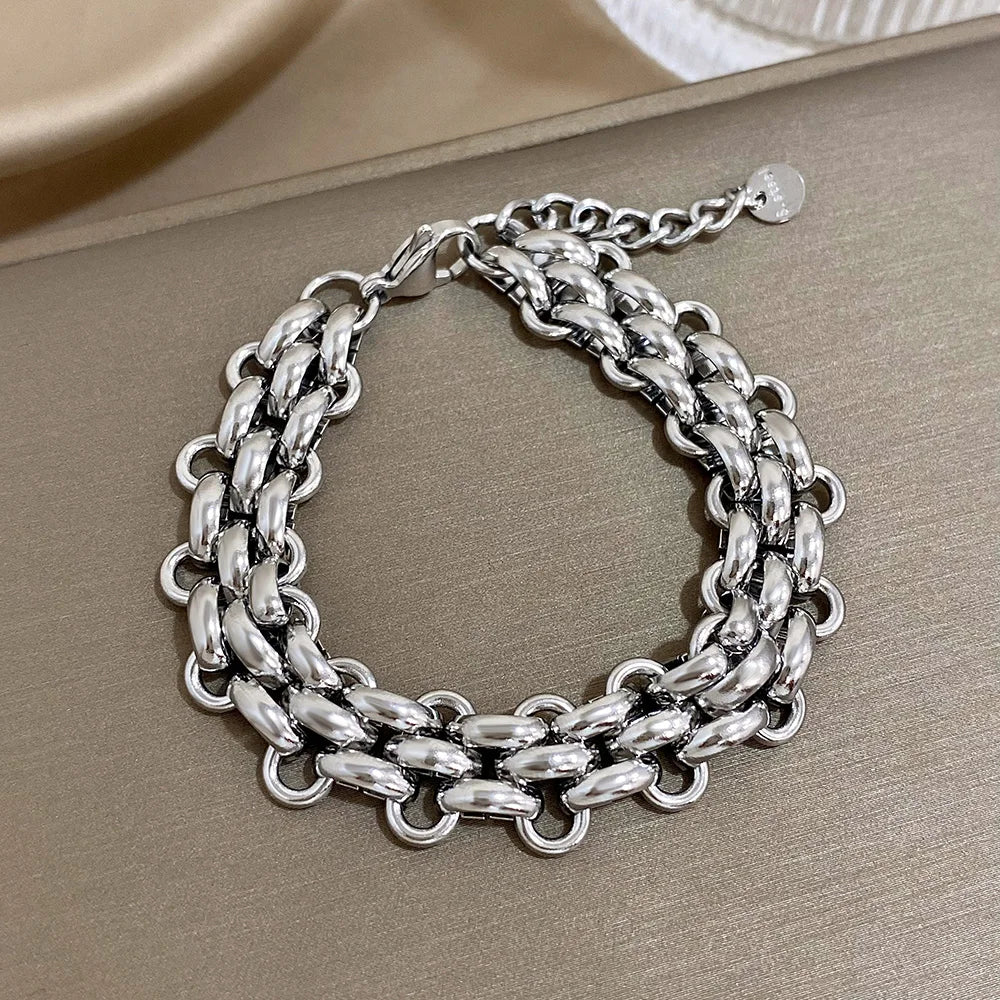 Trendy Stainless Steel Chunky Thick Chain Bracelet for Women Punk Statement Glossy Multilayer Link Bracelets Wristband Jewelry