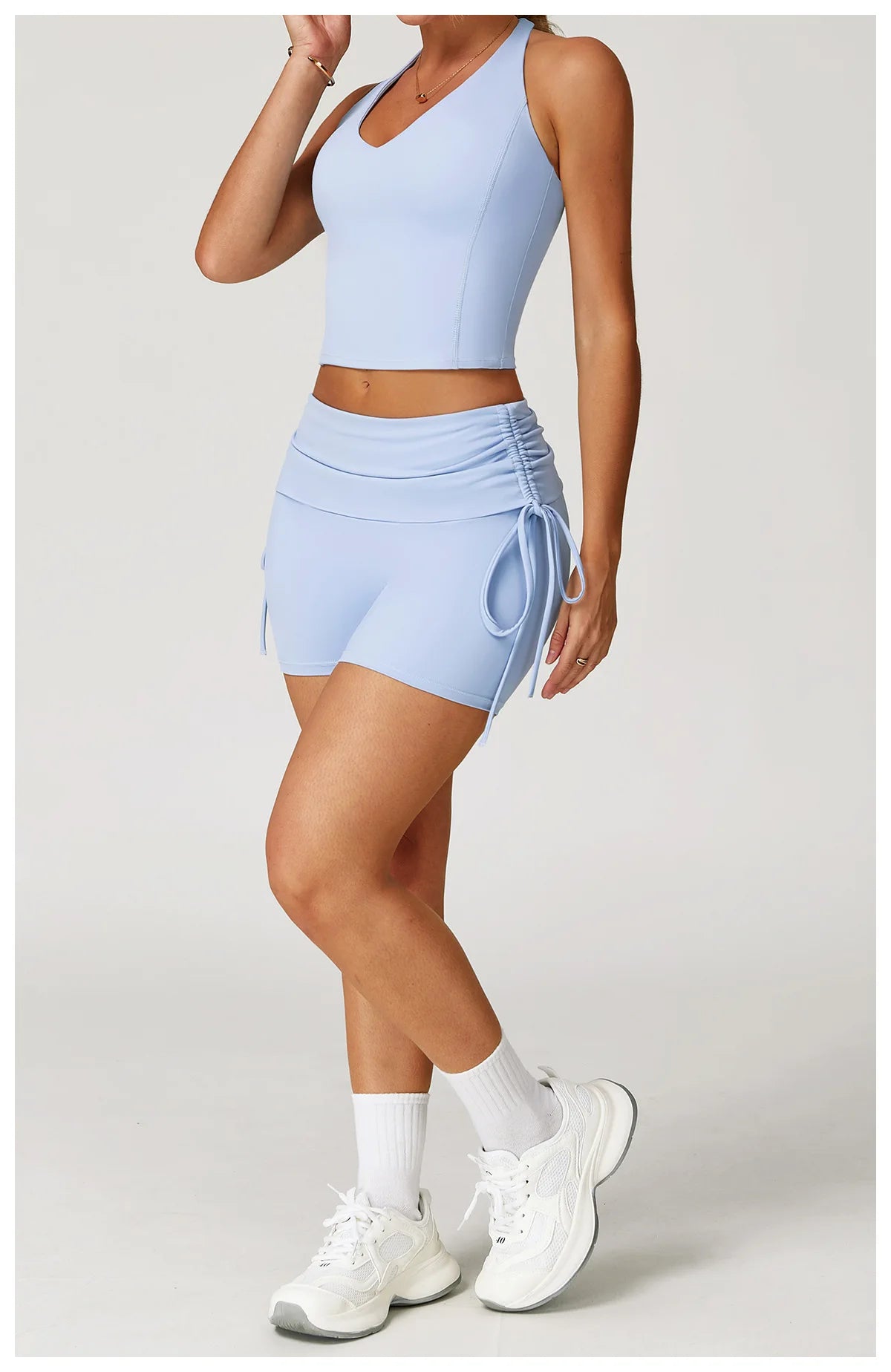 Custom LOGO nude yoga I-shaped beautiful back folded high waist shorts fitness clothes sports running two-piece set