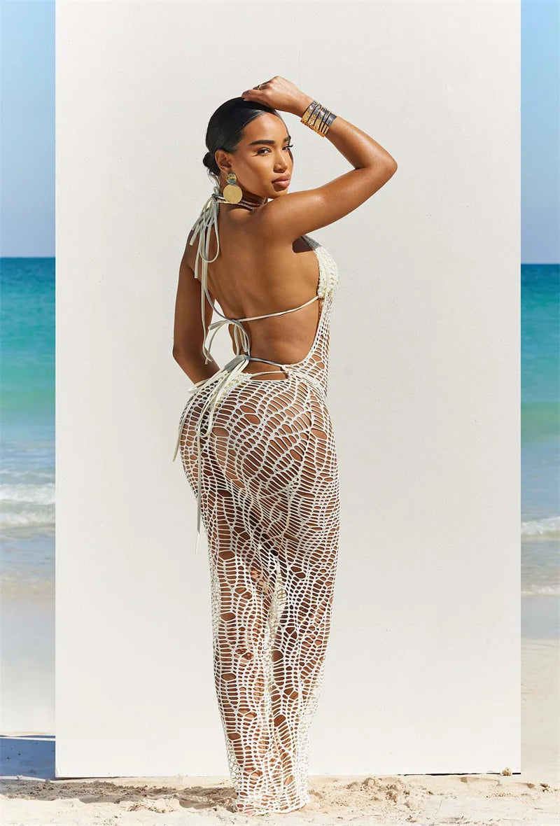 Women 3 Pieces Sexy Beach Bikini Set Backless Hollow Out Hole Knit Long Dress Cover Up+Lace Up Halter Bra Top+Underwear Swimsuit