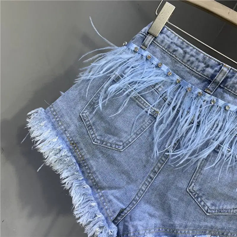 2025 Summer New Personalized Tassel Inlaid Diamond Wash Light Blue Denim Shorts Women's Streetwear Fashion Short Hot Pants