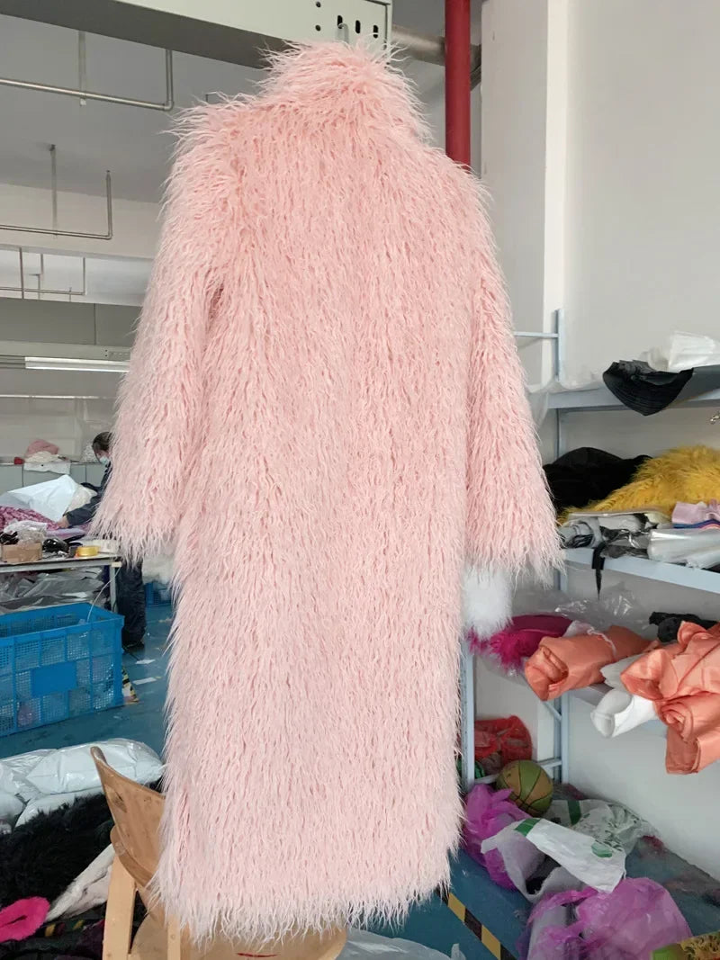 Women Faux Sheep Fur Long Coat Cardigan Thermal Loose Maxi Jackets Plush Coats Female Jacket Autumn Winter Furry Outerwear