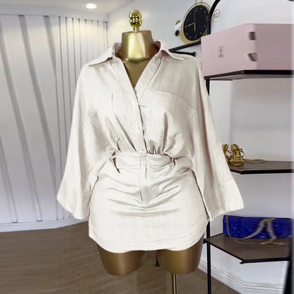 CM.YAYA Fashion Women's Set Full Sleeve Turn-down Collar T-shirt and Skirts Shorts 2025 Chic Two 2 Piece Sets Outfit Tracksuits