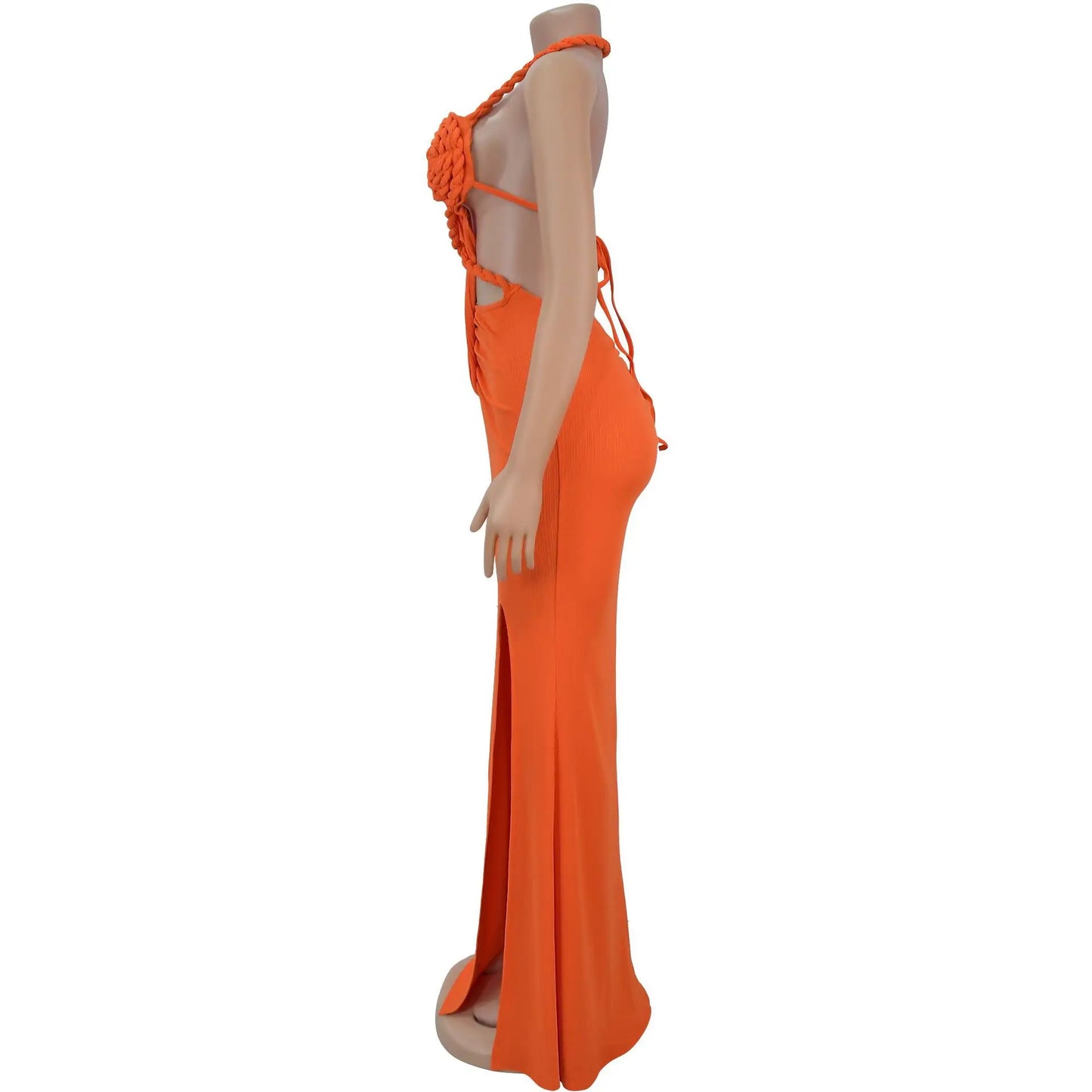 CM.YAYA Women Hemp Rope Halter Neck Stacked Ruched High Split Knit Bodycon Midi Maxi Long Dress 2025 Birthday Sexy Party Dresses