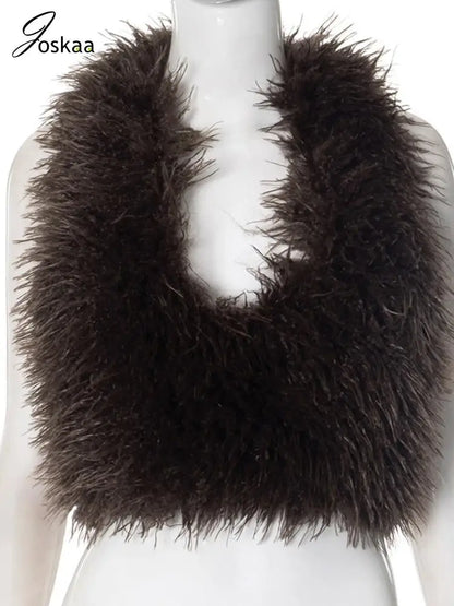 Joskaa Sexy Faux Fur Waistcoat Women Furry Backless Bandage Halter Crop Vests Coat 2025 Fashion Warm Outerwear Y2K Streetwear
