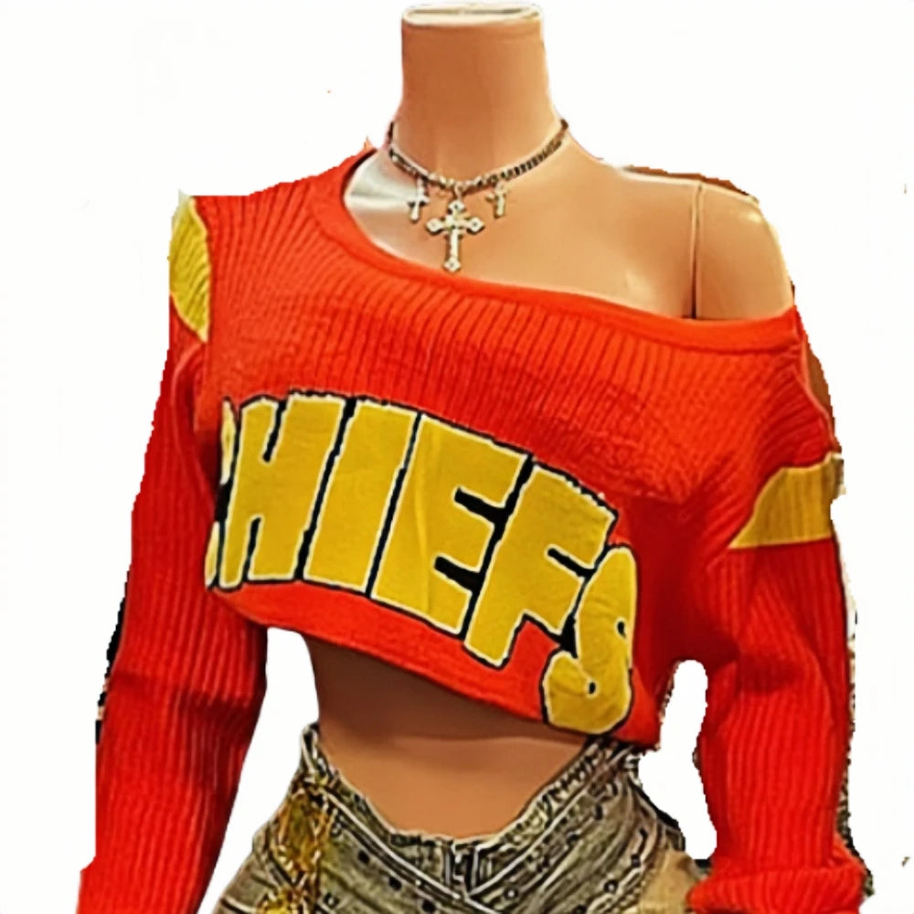 HLJ&GG Red Retro Letter Print Knitting Sweater 3 Piece Sets Women Round Neck Long Sleeve Crop Top And Denim Mini Skirts Outfits