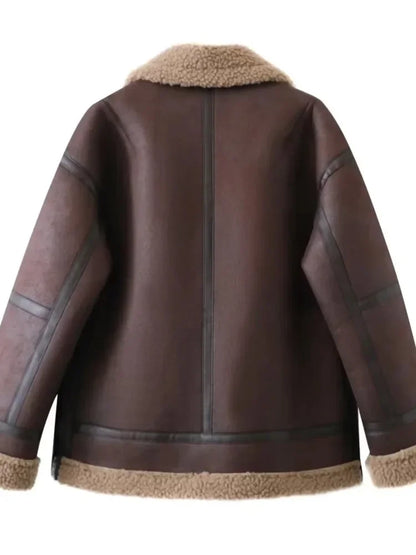 Winter Women Warm Coats Thick Faux Leather Jacket Vintage Lapel Long Sleeve Zipper Overcoat Fashion Loose Oversize Coats Female