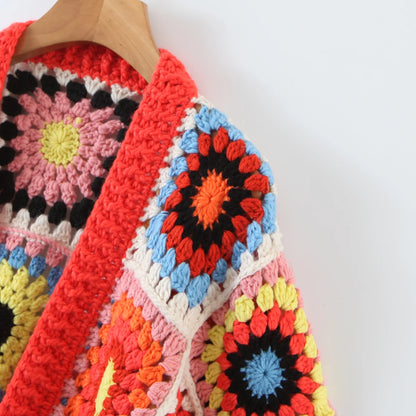 BOHO Geometric Plaid Hand Made Crochet Cardigan Woman V neck Long sleeve Sweater Open Stitching Knitwear Jumper Holiday