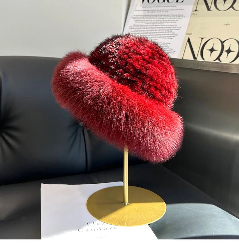 New Genuine Real Natural Knitted Mink Fur Hat Cap Luxury Women Handmade Knit Fashion Winter Headwear Warm Real Fox Fur Beanies